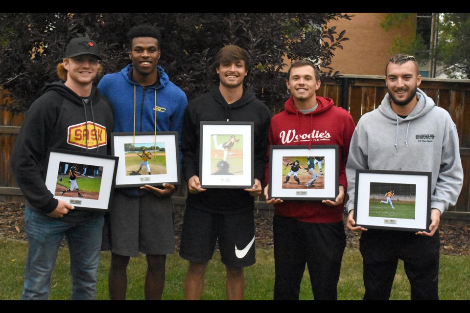 The Moose Jaw Miller Express held their awards night recently, with Geordie McDougall (Silver Slugger), Matt Jackson (Pitcher of the Year), Michael Ross (Pitcher of the Year), Markus Melendez (Coach’s Award) and Eric Marriott (Gold Glove) all honoured. Missing is Most Valuable Player Michael Borst.