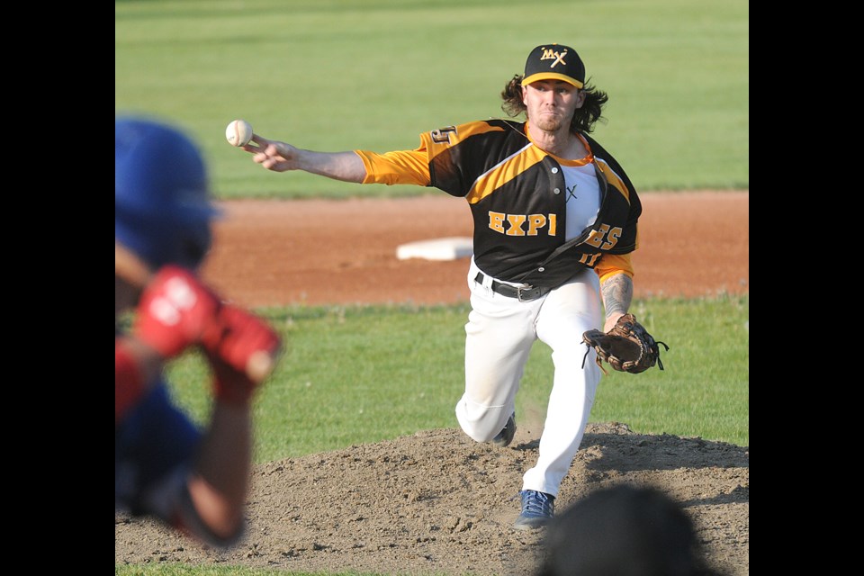 Miller Express starter Blake Gallagher delivers during first-inning action against the Melville Millionaires. Randy Palmer photograph