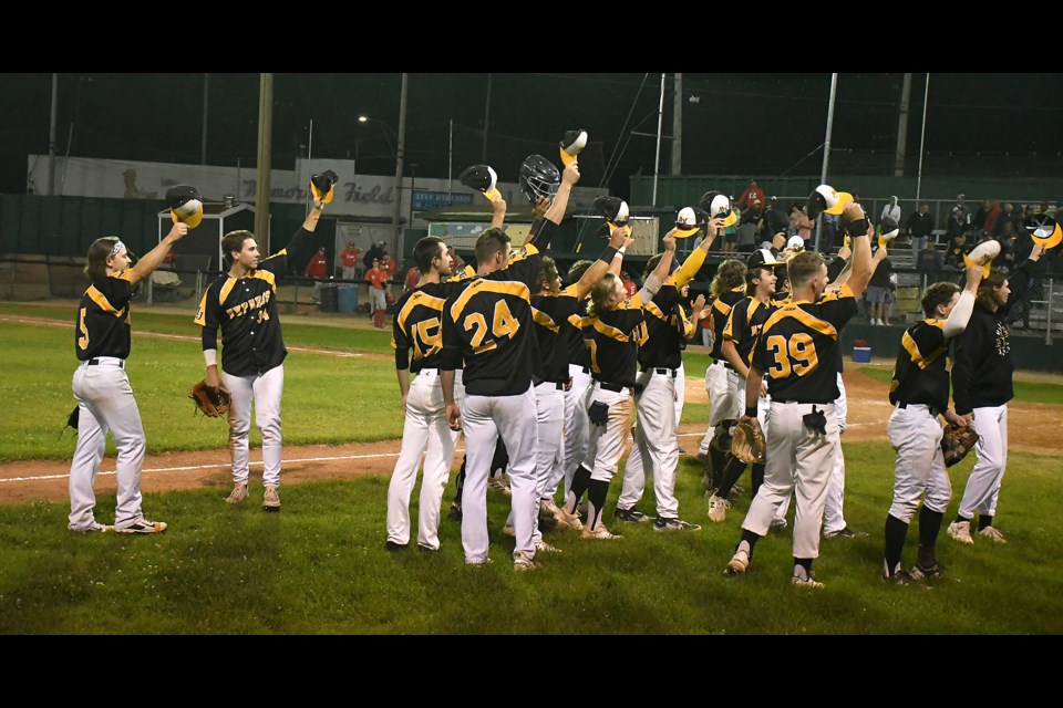 The Moose Jaw Miller Express acknowledge the close to 1,000 fans who cheered on their hometown team in Game 2 of the WCBL Final.