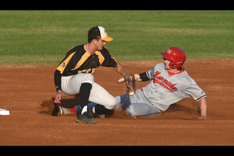 Luke Lachance appeared to have Nathan Tarver dead to rights on this steal, but Tarver would avoid the tag and be called safe.
