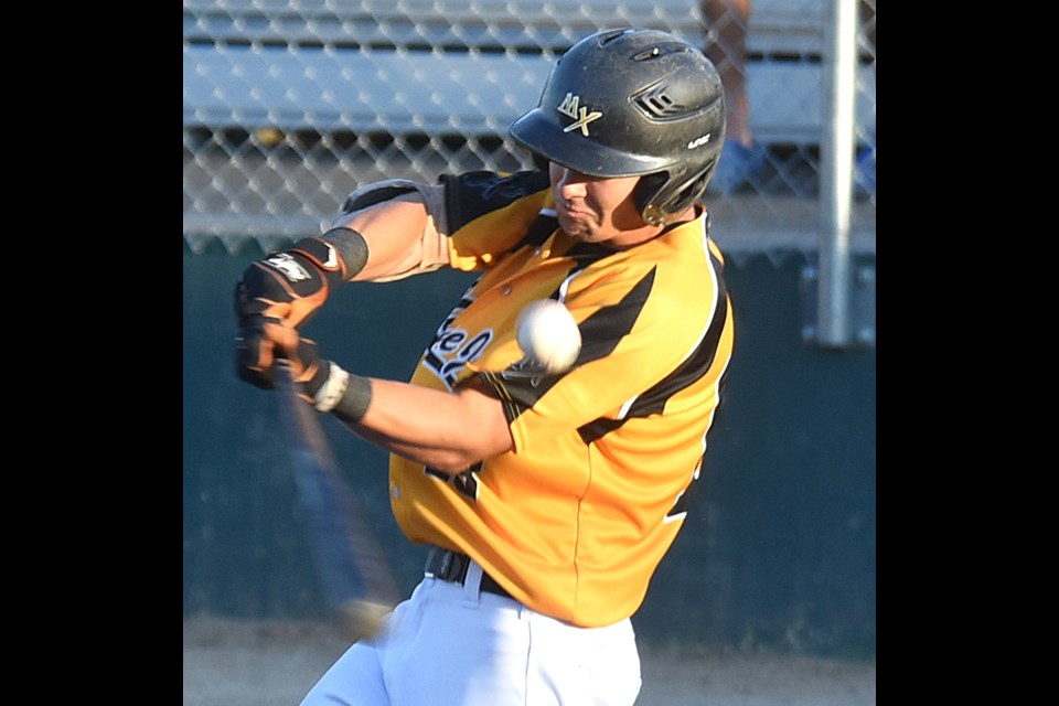 Dawson Tweet sends a pitch down the third baseline during second-inning action.