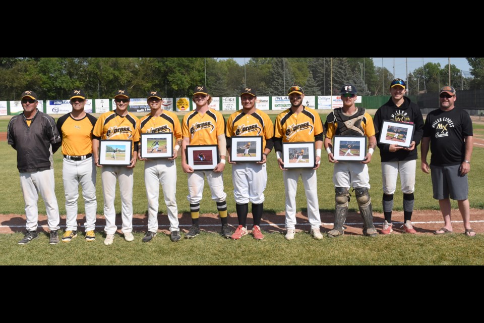 The Moose Jaw Miller Express honoured their graduating seniors prior to Saturday's doubleheader. Pictured are head coach Rich Sorenson, general manager Cory Olafson, Jack Gamba, Markus Melendez, Geordie McDougall, Darrel Doll, Eric Marriott, Cole Warken, Michael Borst and Express board member Corey Mohr.