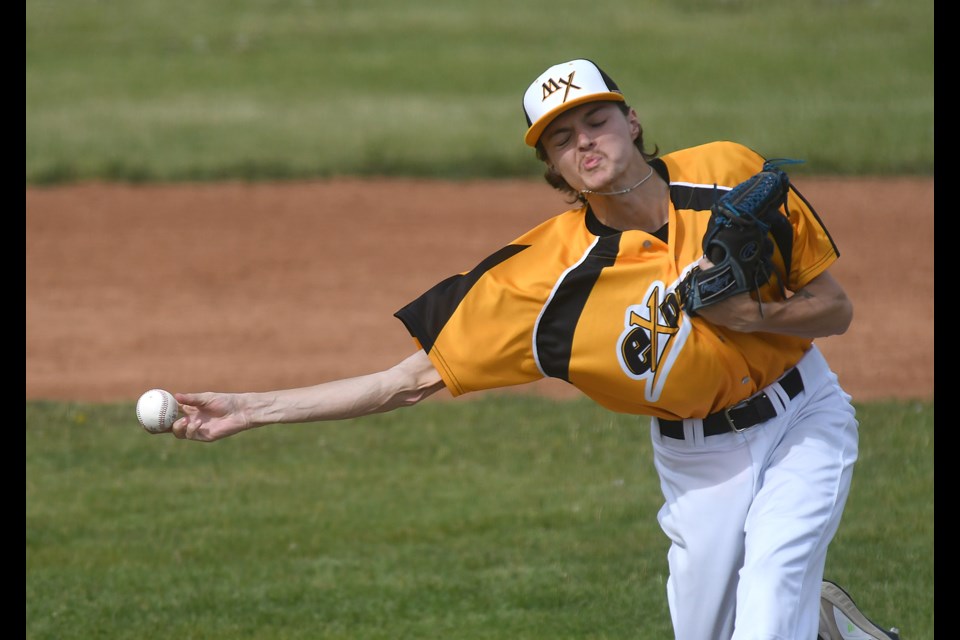 Miller Express reliever Jesse Scholtz fires away in the ninth inning.