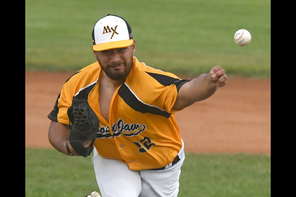 Miller Express starter Matt Vasquez delivers during first-inning action against the Weyburn Beavers on Saturday night.
