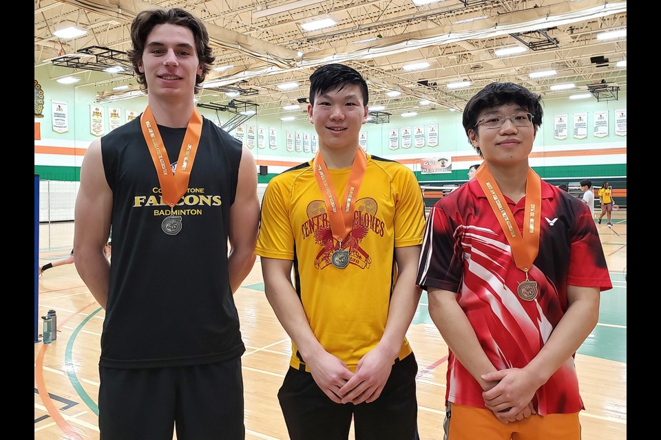 Medal winners in boys singles include Cole Breitkruez (Cornerstone, silver), Harry Lin (Central, gold), Nigel Fang (Central, bronze).