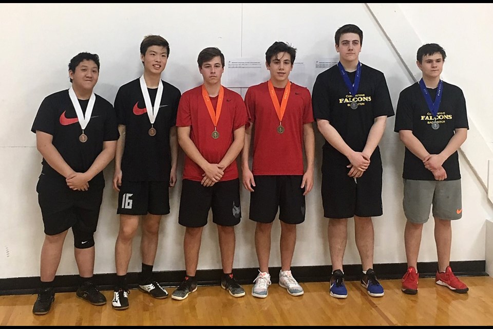 Winners of the South Central District Athletic Association senior boys doubles badminton championship are Brendan Kan and Jon Chan (Briercrest Christian Academy, bronze), Olivier Bilodeau and Xavier Bilodeau (Ecole Ducharme, gold) and Zach Beitel and John Ferris (Cornerstone Christian School, silver). Submitted photo