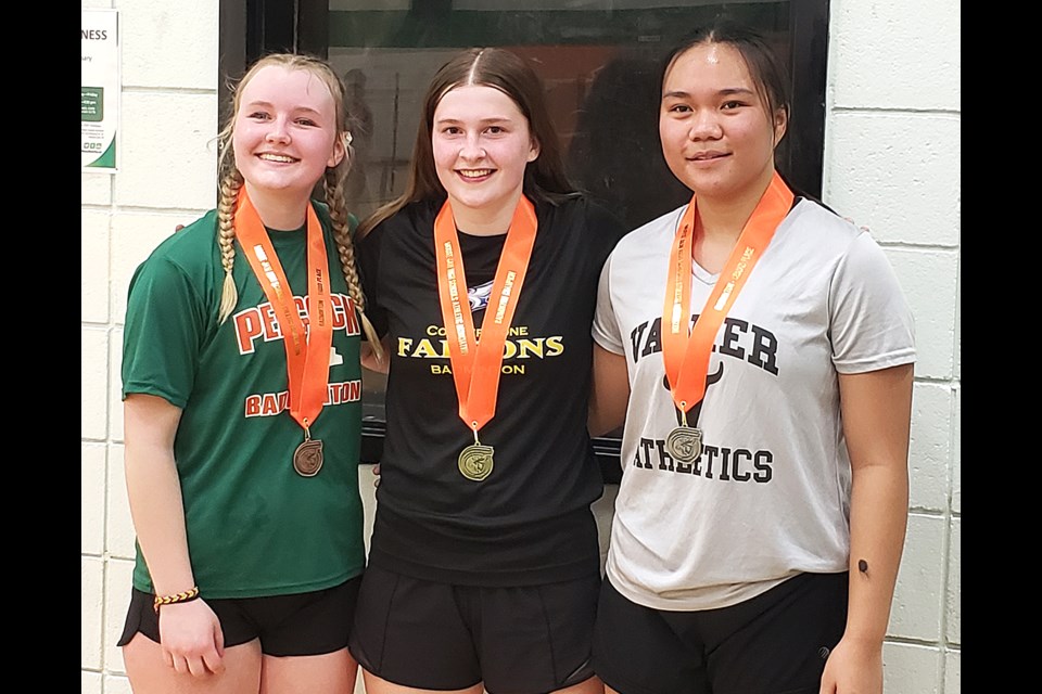 The Moose Jaw high school senior girls singles badminton medalists are Kylee Cooper (Peacock, bronze), Kiana Hrechka (Cornerstone, gold), Feona Tolentino (Vanier, silver).