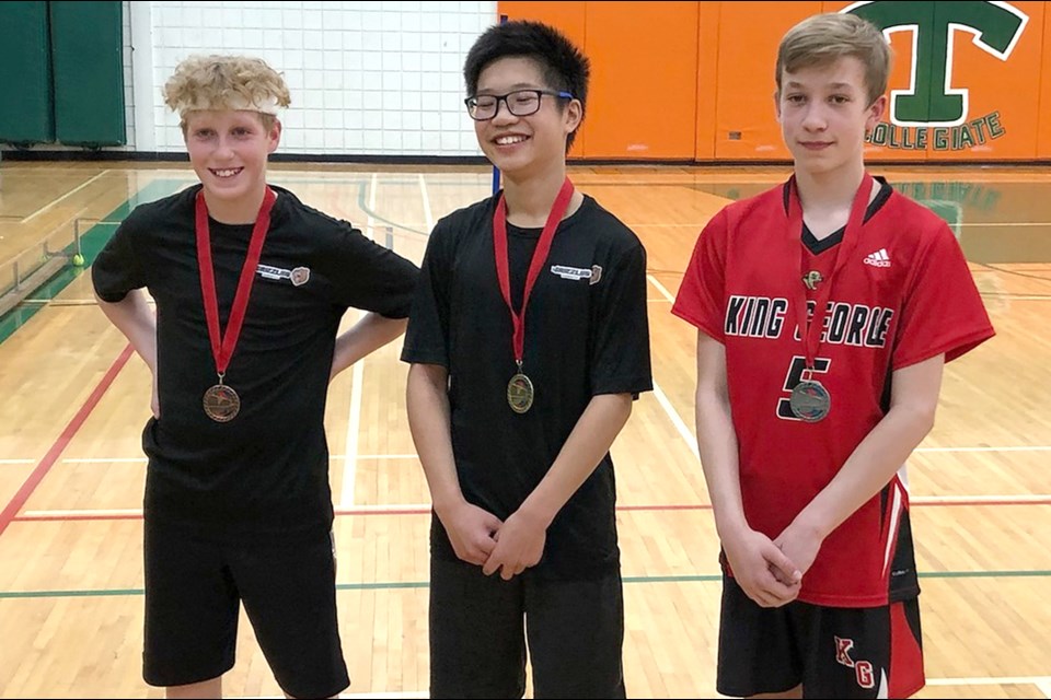 Winners of the Moose Jaw elementary boys singles badminton championship are Ashton Glova (Sunningdale, bronze), Nigel Fang (Sunningdale, gold) and Tegan Tollefson (King George, silver).