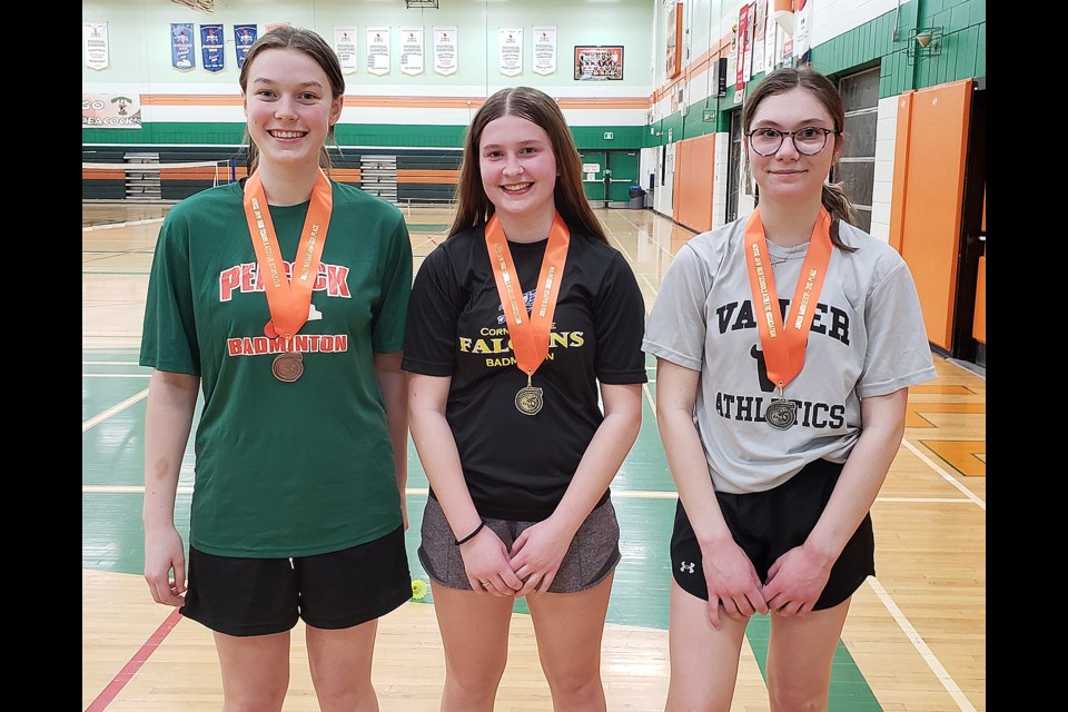 High school junior badminton girls singles junior medalists include Devlynn McLung (Peacock, bronze), Kiana Hrechka (Cornerstone, gold) and Leah Crossland (bronze).