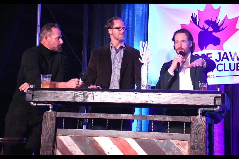 Former Major League Baseball superstar reliever Eric Gagne and Hockey Hall of Famer Chris Pronger listen as three-time Stanley Cup champion Duncan Keith tells a tale during the hot stove portion of the evening.