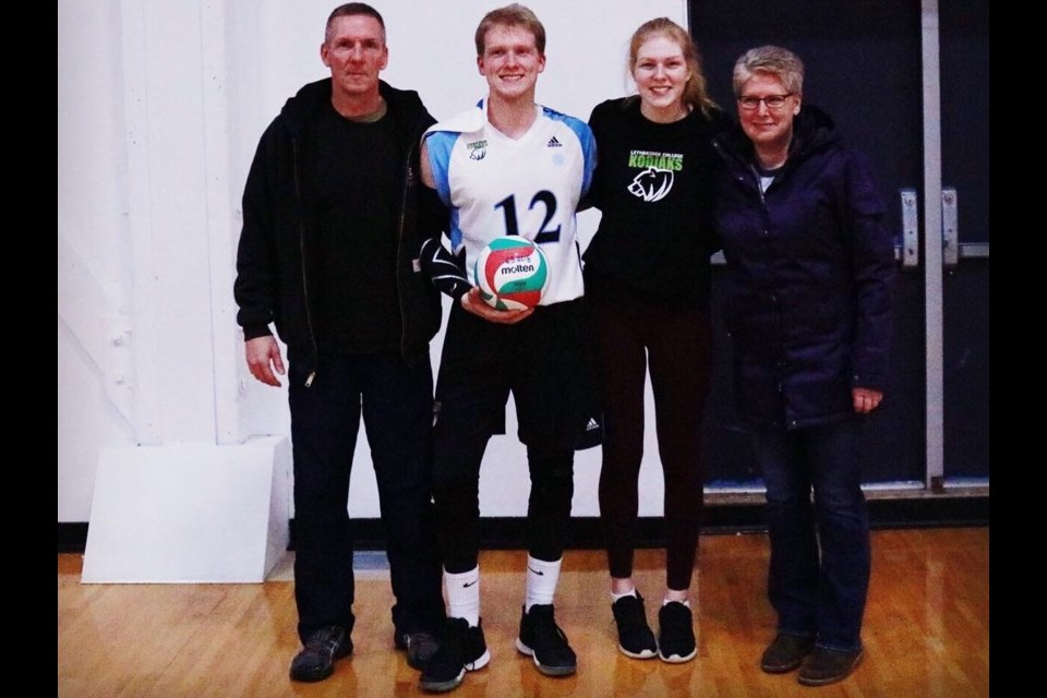 Moose Jaw's Dax Whitehead is joined by his family after setting the all-time CCAA kills record. Submitted photo