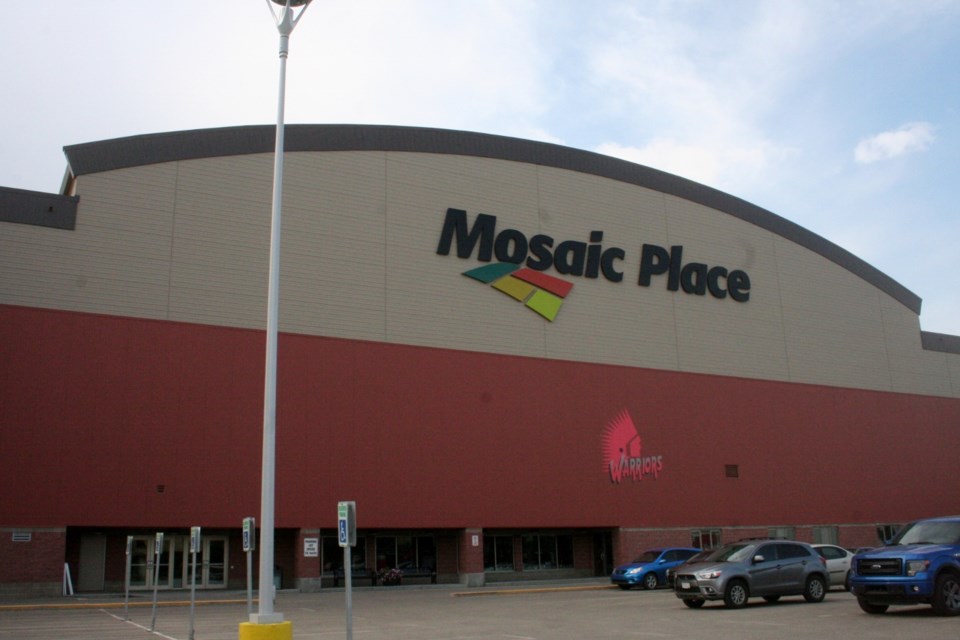 The north wall of the former Mosaic Place building before the sign was removed. File photo