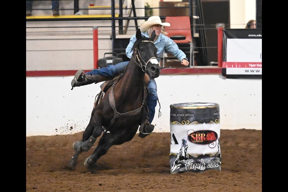 A contestant rounds a barrel at the 2022 Saskatchewan Barrel Racing Association Final held in Moose Jaw