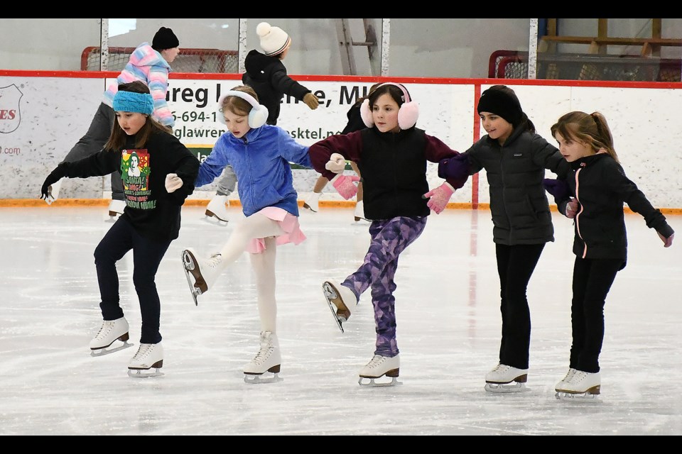 Performers with the Moose Jaw Skating Club practice for their 2024 Ice Show during an ice session at the Bert Hunt.