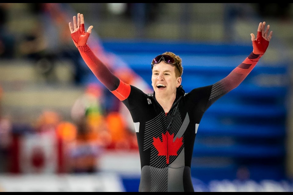 Moose Jaw’s Graeme Fish celebrates after his 5,000 metres at World Cup #5 in Calgary on Sunday. Dave Holland / CSI Calgary photo