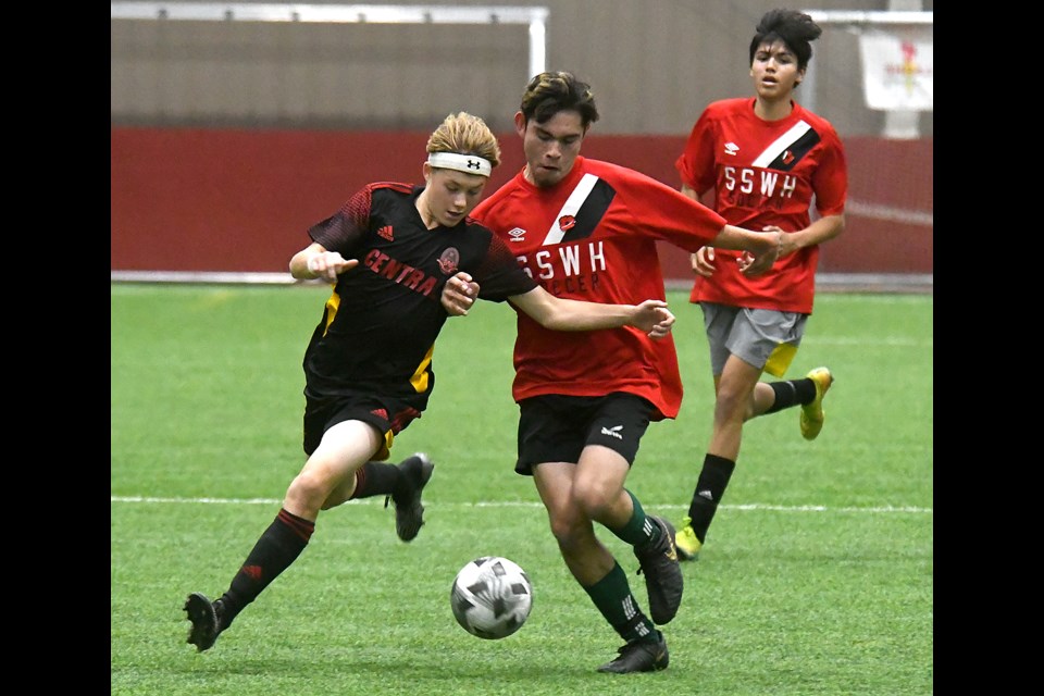 Action from the SHSAA 4A boys soccer provincial semifinal between the Central Cyclones and Chief John Keenatch Wolves on Friday afternoon.