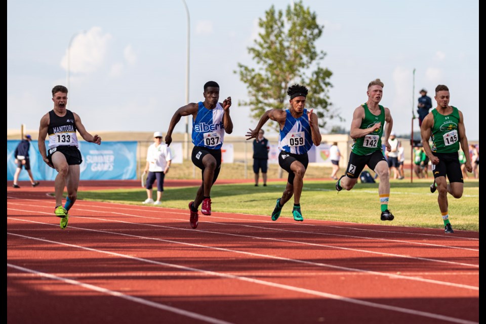 Jonah Branning (far right) in action during the Western Canada Summer Games on Thursday. 2019wcsg photo.