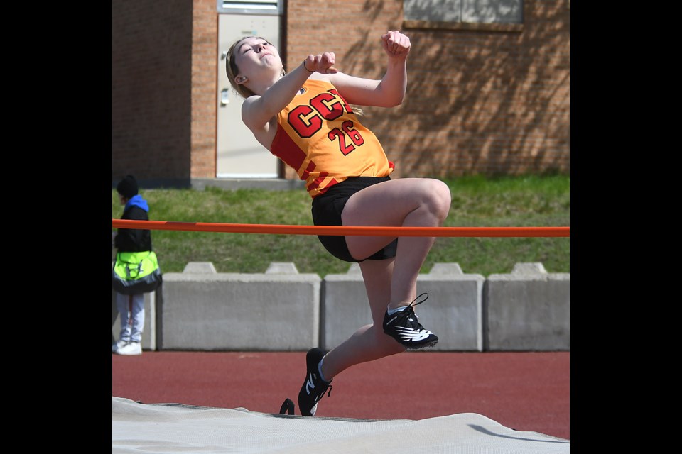 Central’s Ellah Flanagan clears the bar in the intermediate girls high jump and would go on to take first place in all four discipline she entered on Wednesday.