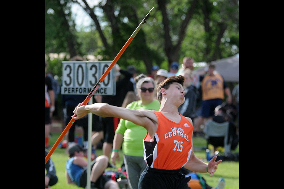 Mossbank's Payton Miller gets off a throw on his way to finishing 15th with a 33.76 metre effort in the junior boys javelin.