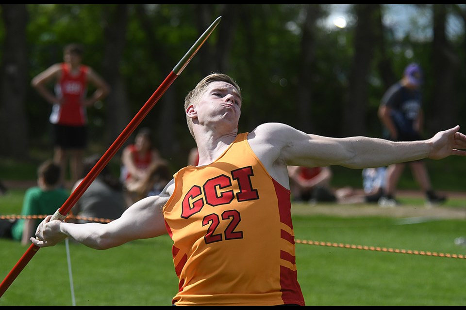 Central’s Sam Barth gets off a throw on his way to winning the senior boys javelin with a 37.76 metre effort.
