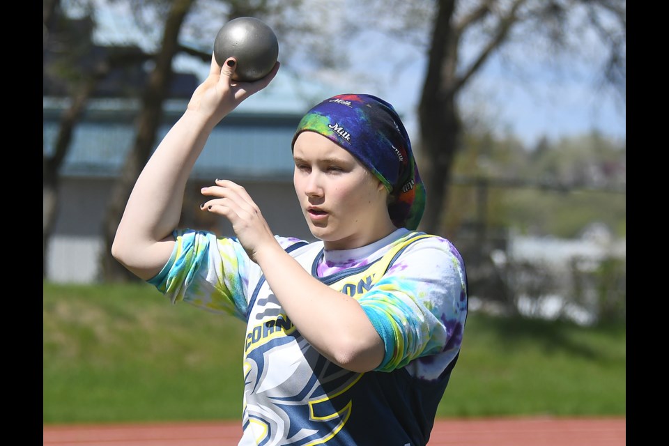 Cornerstone’s Aliyah Block set meet records in the senior girls shot put and discus during the Moose Jaw Invitational.