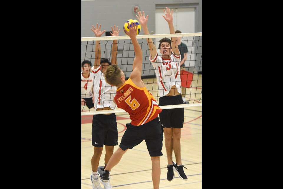 The Vanier Vikings -- here in action against Central earlier this season -- took a three-set win over Briercrest Christian in boys volleyball action Tuesday.