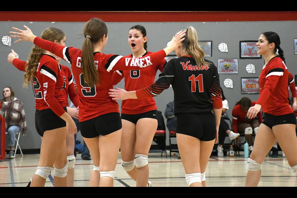 The Vanier Spirits celebrate after their win over the Humboldt Mohawks.