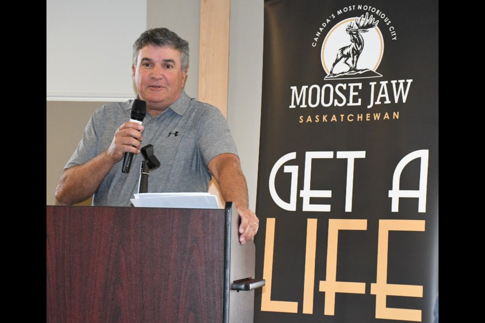 Bob Dougall, president/governor of the Moose Jaw Warriors, speaks at the Events Centre on March 25 during the announcement of a new building-use agreement with the city. Photo by Jason G. Antonio 