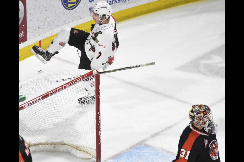 Brayden Tracey celebrates the first goal of his natural hat trick recently at Mosaic Place. (Matthew Gourlie photograph)