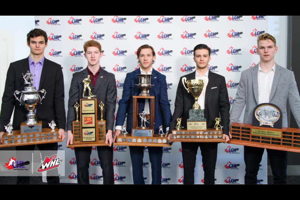 Moose Jaw Warriors forward Justin Almeida (second from right) was named the Canadian Hockey League Bumper to Bumper Sportsman of the Year during the CHL annual awards on Sunday, one of five WHL players honoured.