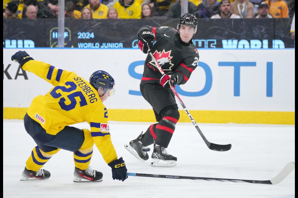 Canada’s Denton Mateychuk sends a pass cross ice against Sweden.