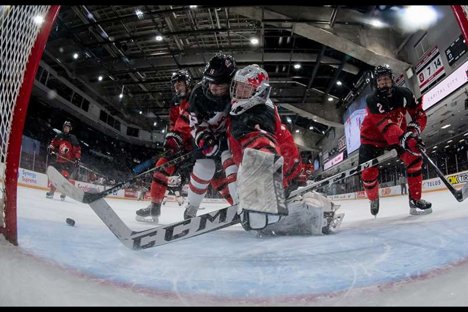Team Canada Red and Moose Jaw Warriors goaltender Jackson Unger in action during round robin play.