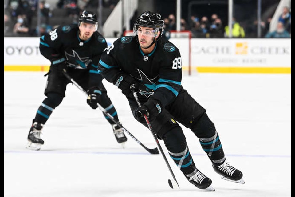 Jayden Halbgewachs in action with the San Jose Sharks on Thursday night.