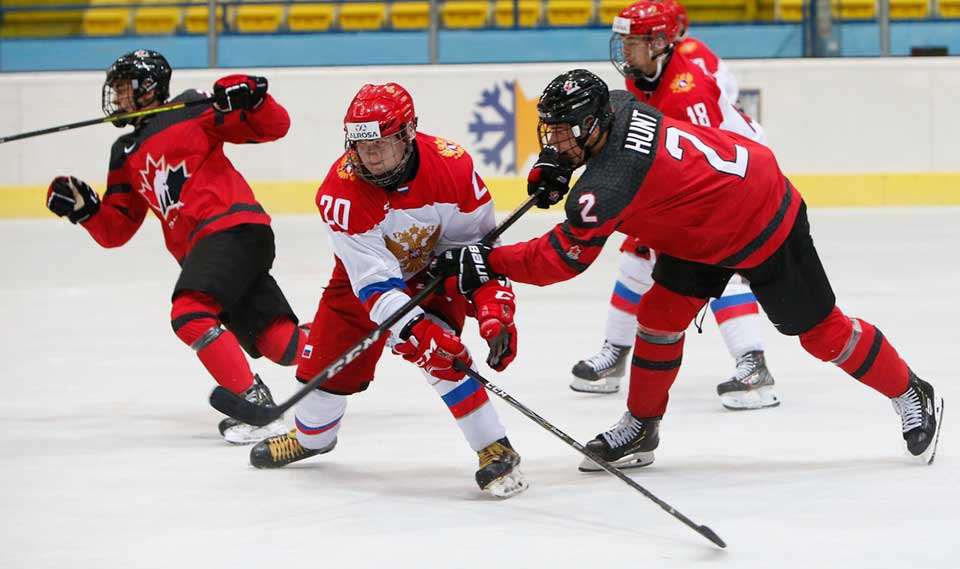 Moose Jaw Warriors defenceman Daemon Hunt in action against Russia during the Hlinka Gretzky Cup gold medal game