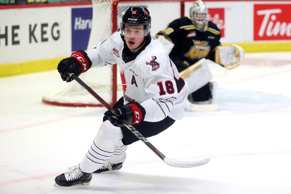 Tate Popple in action against the Brandon Wheat Kings this season. | Keith Hershmiller