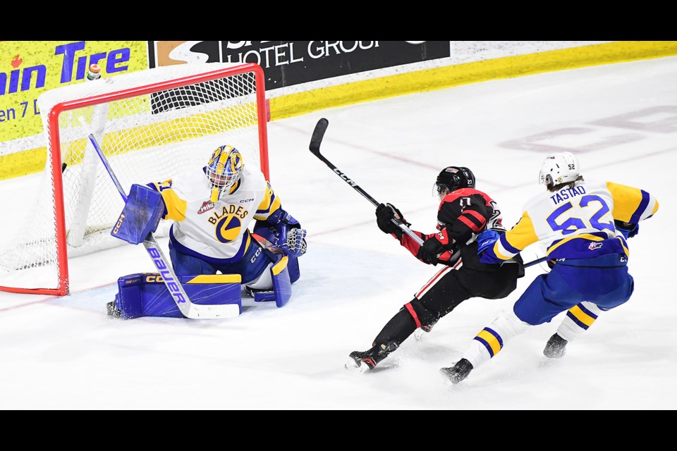 Moose Jaw forward Jagger Firkus finishes off a second-period breakaway with a perfect top-shelf backhand.