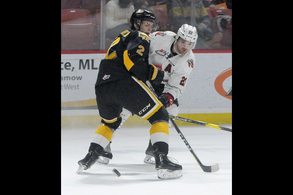 Moose Jaw Warriors forward Tristin Langan gets off a shot on goal against the Brandon Wheat Kings. Randy Palmer photograph