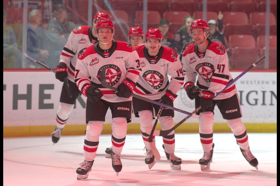 Owen Berge leads the flyby after scoring his first Western Hockey League goal.