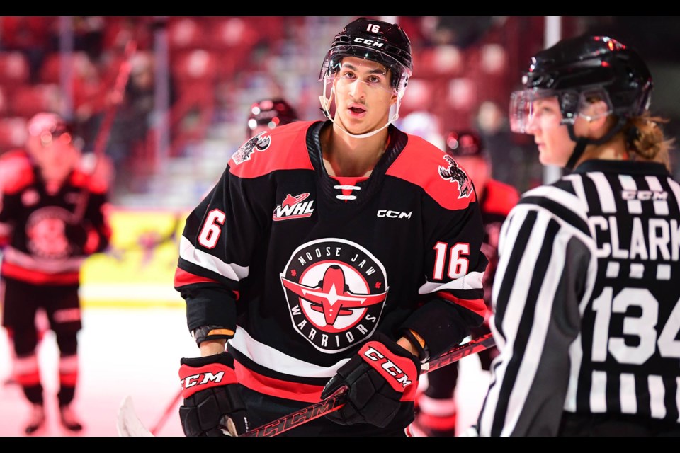 Warriors defenceman Max Wanner leads the flyby after scoring one of his two on the night.