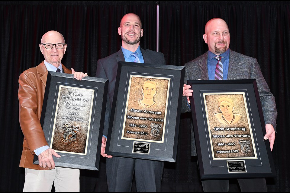 Lorne Humphreys, Harlan Anderson and Chris Armstrong were inducted into the Warriors and Legends Hall of Fame on Friday night.
