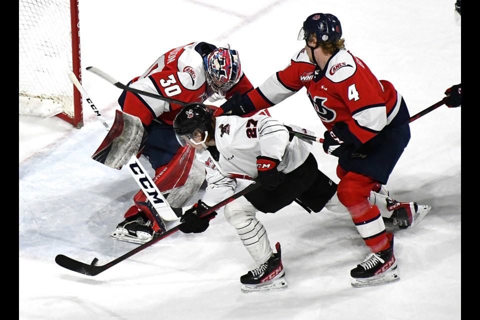 Jagger Firkus gets around Lethbridge goaltender Bryan Thomson for the Warriors’ first goal.