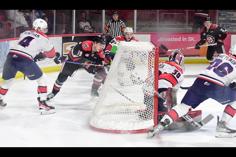 Martin Rysavy tucks the puck into the corner on a wraparound to put Moose Jaw up 4-0 in second period.