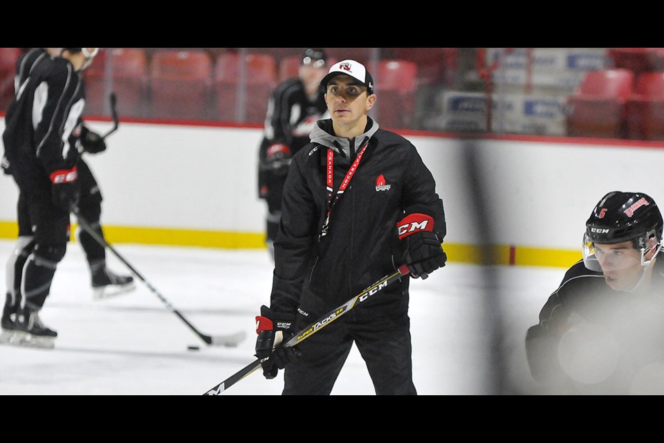 Moose Jaw Warriors head coach Mark O’Leary on ice during a recent Warriors practice.