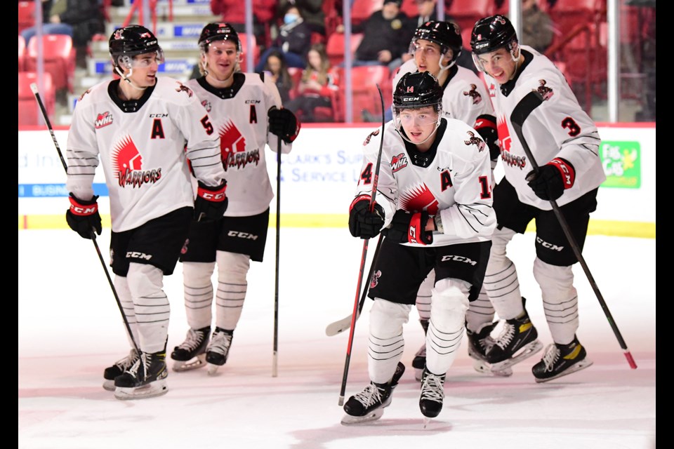 Calder Anderson leads the bench flyby after scoring his first goal of the season in his return after missing 53 games.