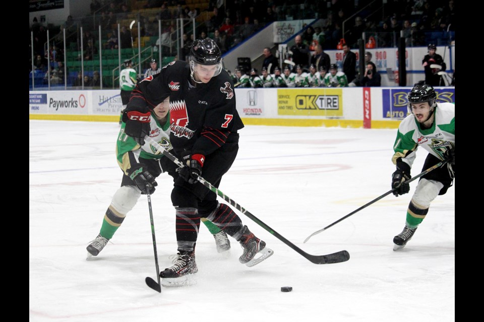 Warriors defenceman Nolan Jones looks to move the puck out of his end. Lucas Punkari/PA Daily Herald photo