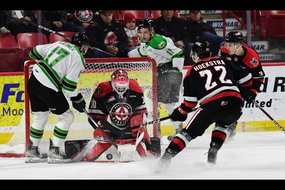 Warriors goaltender Jackson Unger made a handful of big stops as the game progressed to keep Moose Jaw in the game.