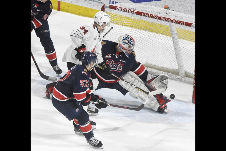 Carson Denomie, here scoring against Regina last season, was at it again on Friday night as he scored the game-tying goal.