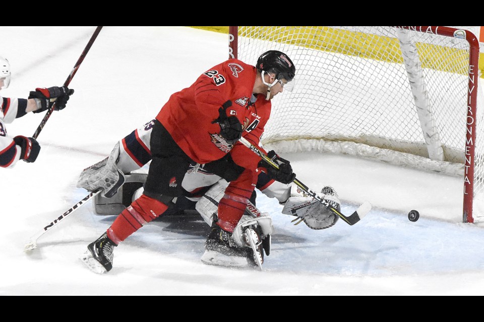 Warriors forward Tristin Langan, here scoring against the Regina Pats earlier this season, picked up his 49th and 50th goals in Saskatoon on Sunday.