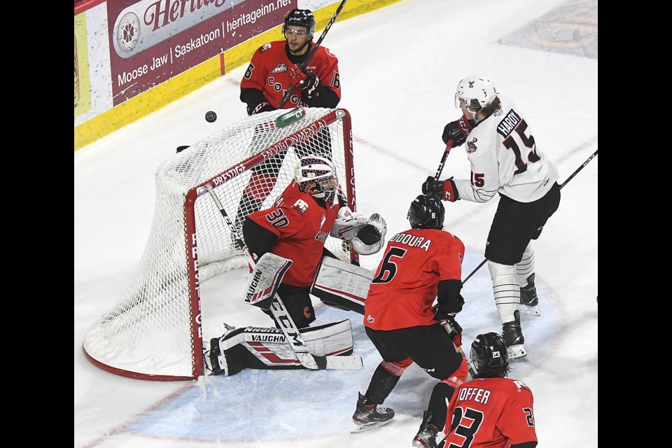 Warriors captain Owen Hardy could only watch as his tipped shot floats slowly over the Prince George net.