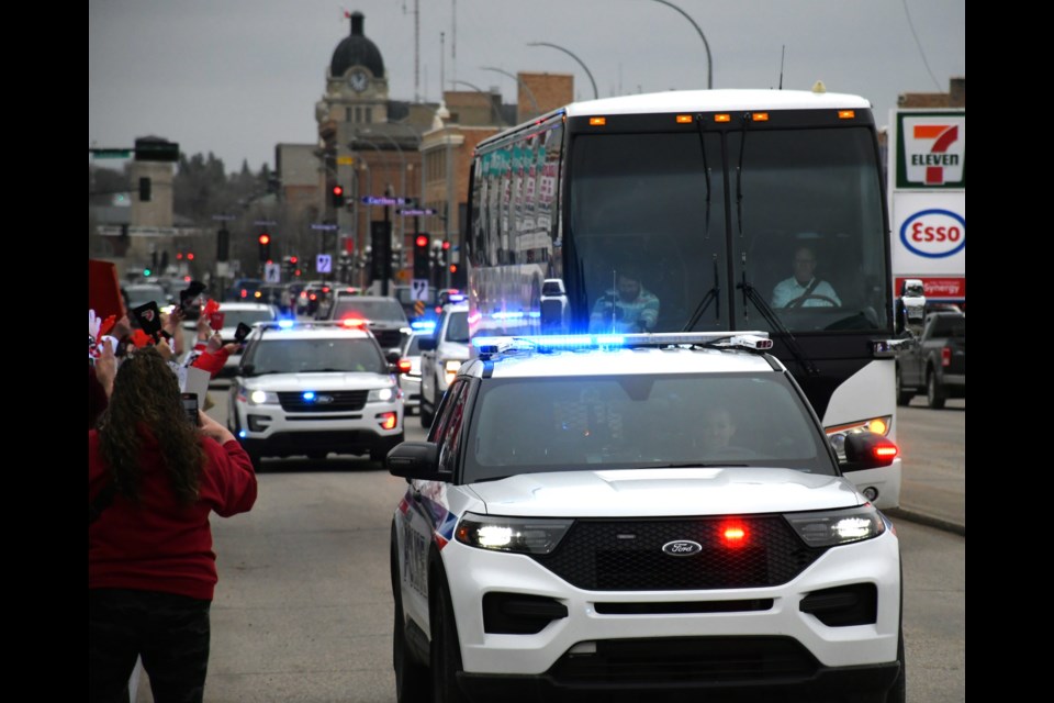 Fans transform Main Street North into the “Runway to Victory” to wish the Moose Jaw Warriors off in style as they head to Saskatoon for game seven against the Blades on May 6.